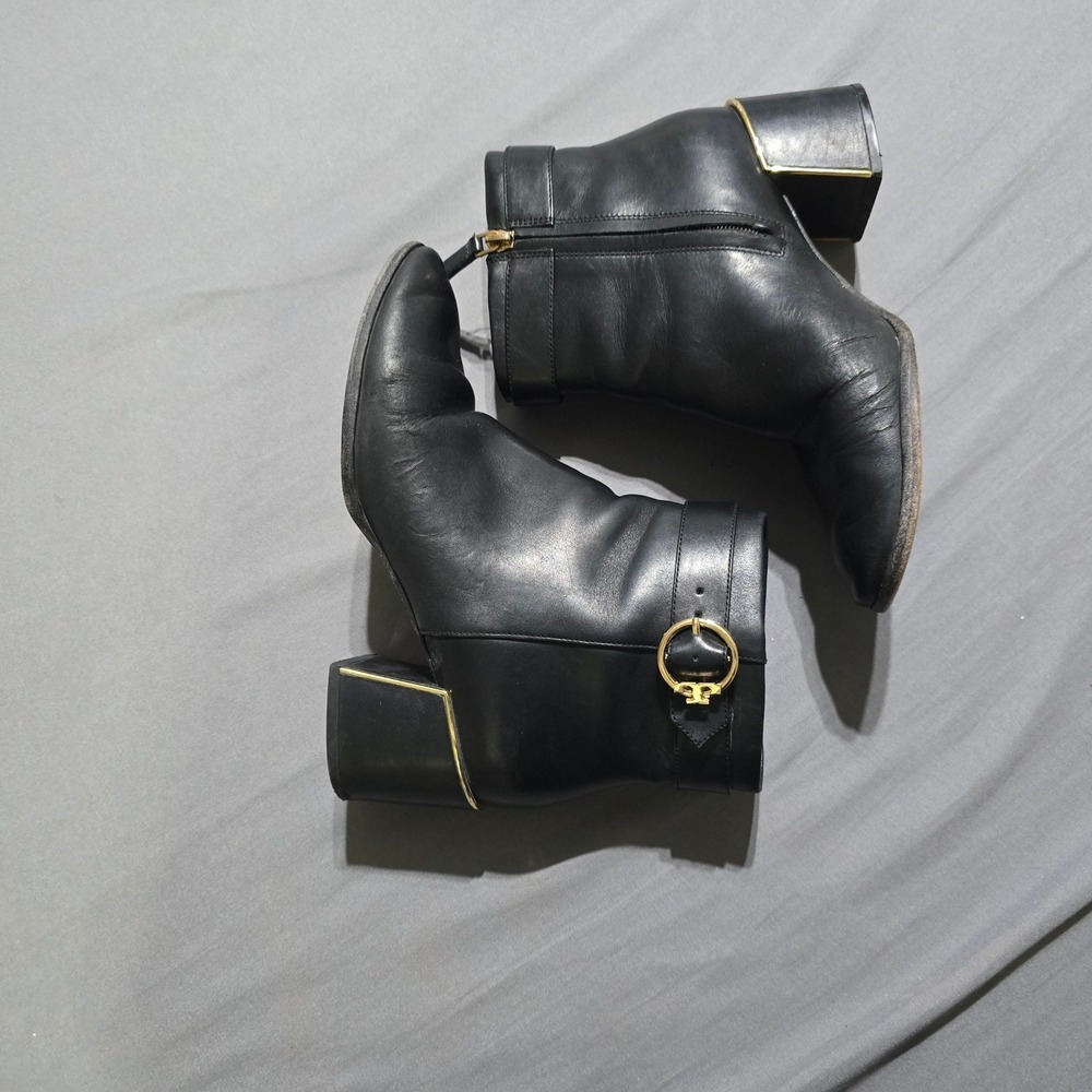 Tory Burch Sophia Ankle Boots Women 8M Black Leather Gold Buckle Block Heel